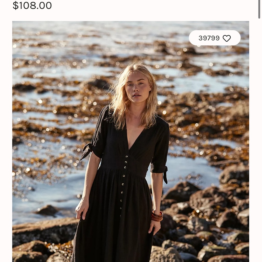 Free People Black Midi Dress with Button Detail
